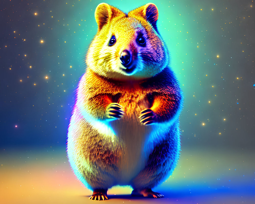 Colorful Quokka Illustration on Starry Background with Neon Glow