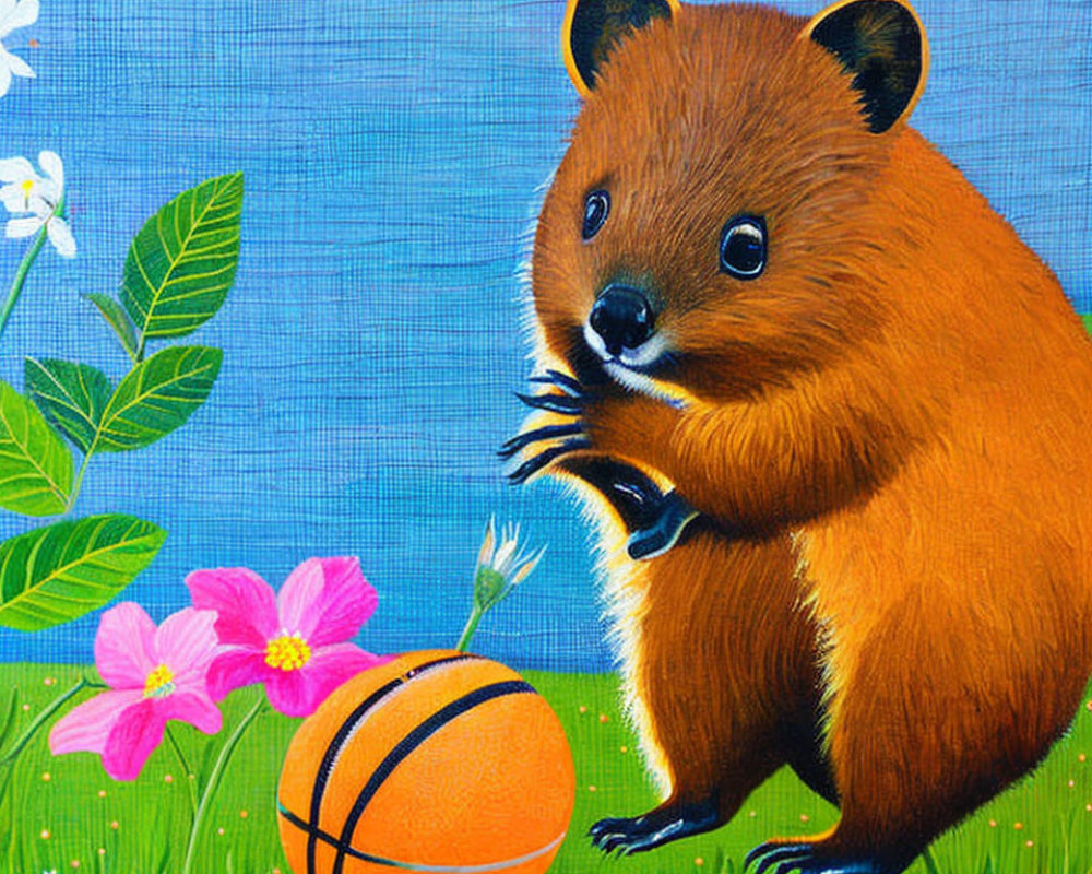 Brown quokka with basketball among pink flowers on blue background