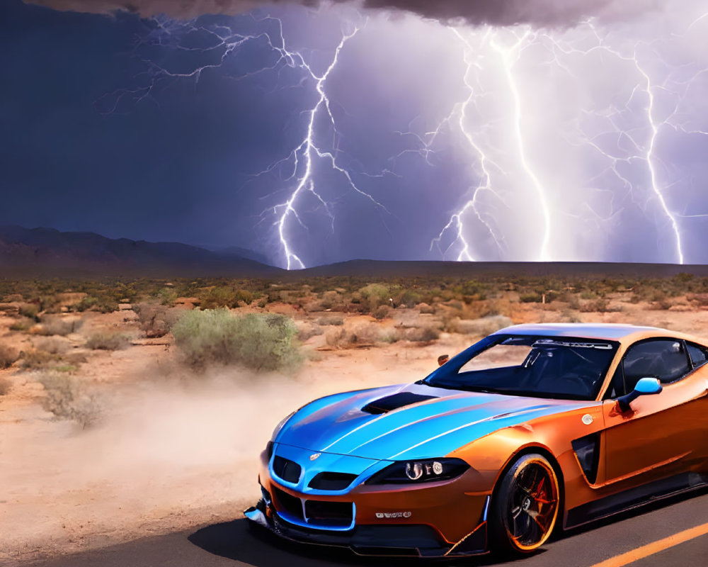Bright orange sports car driving on desert road under lightning storm