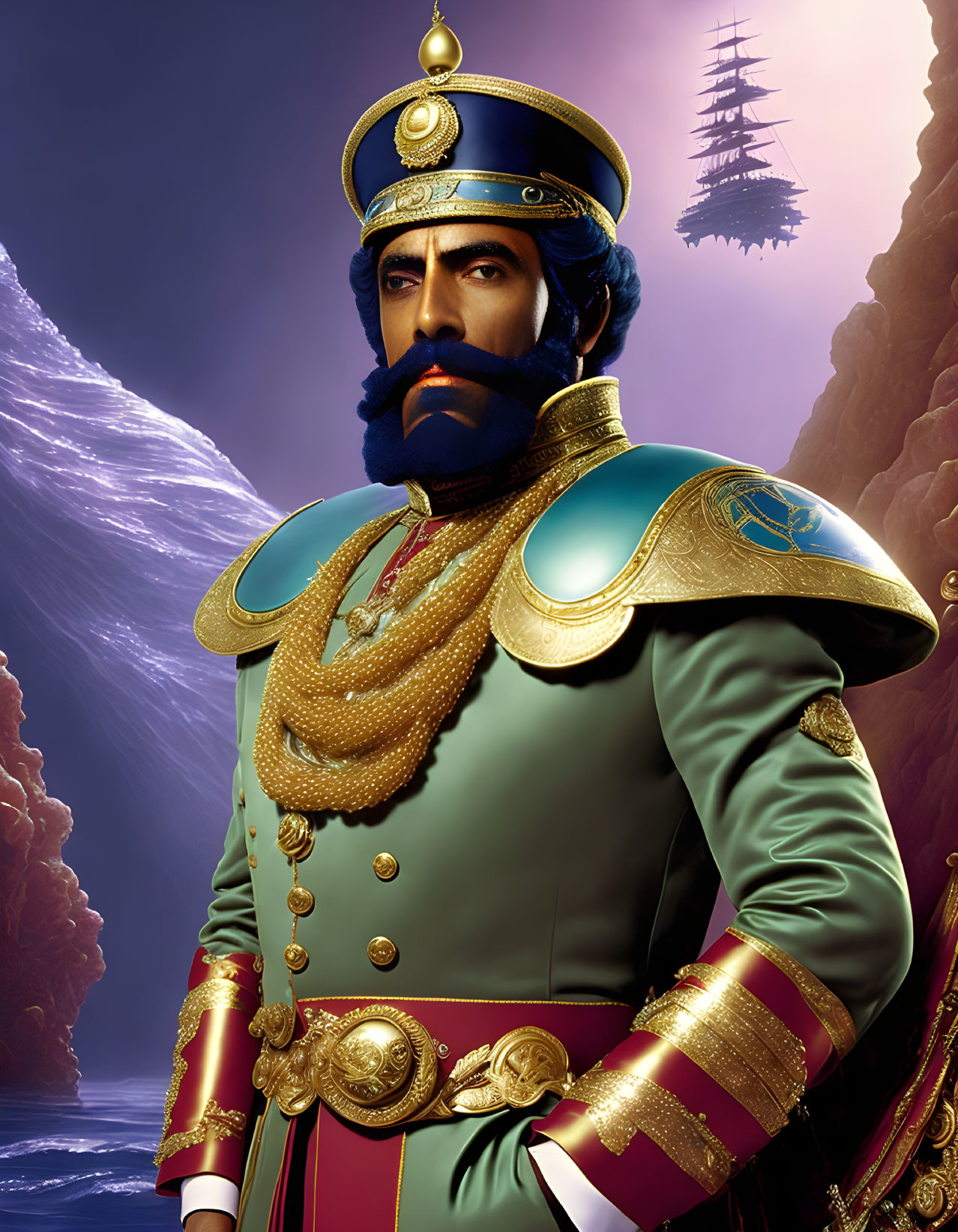 Fictional character in ornate military uniform with blue turban, ship, and mountains