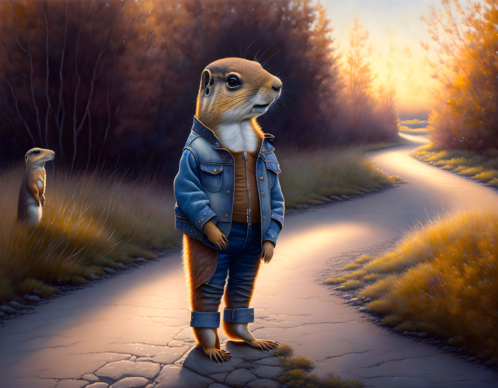 Golden-lit forest scene with anthropomorphic otter in leather jacket