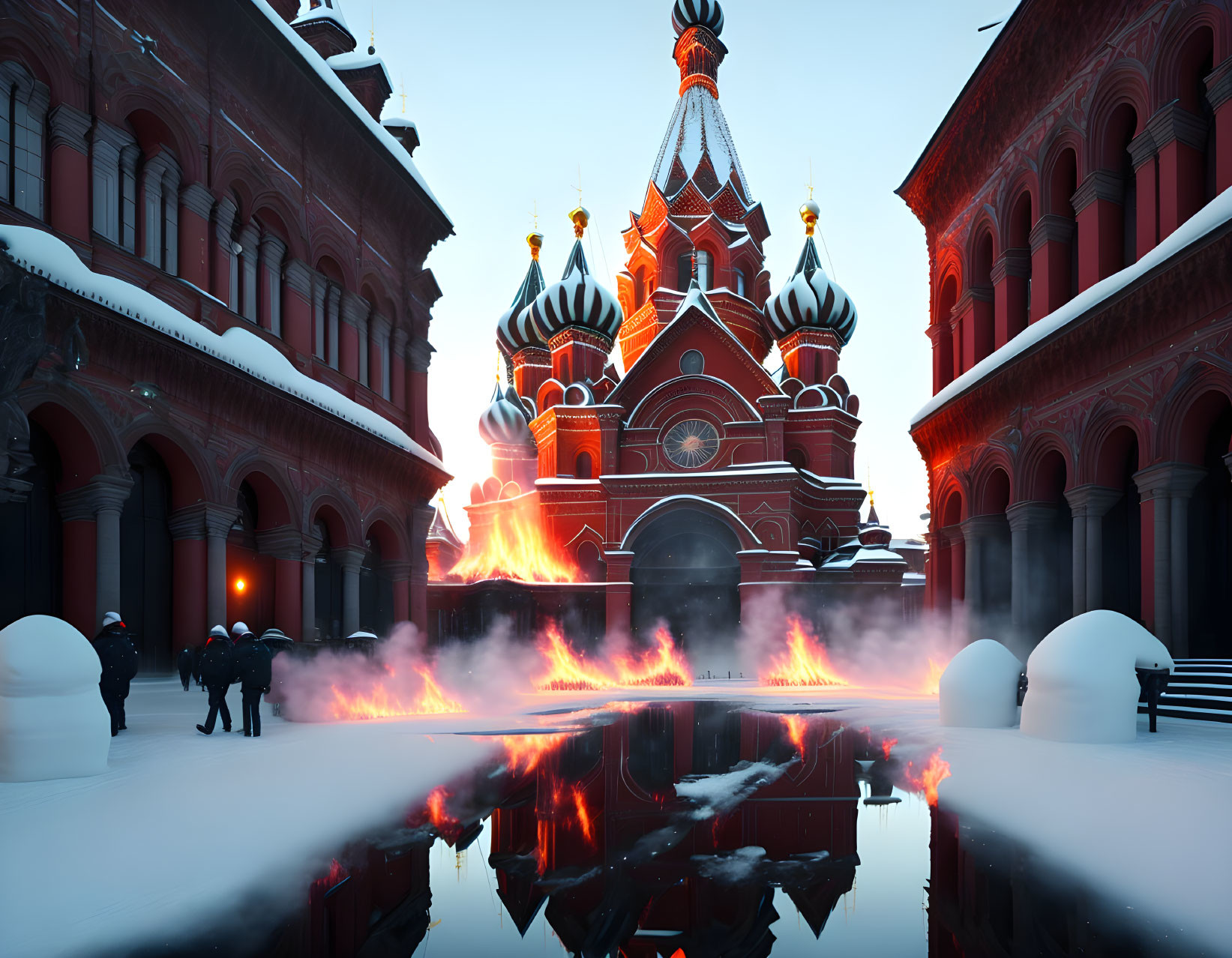 Historic ornate building with fiery pits, water reflections, and twilight sky.