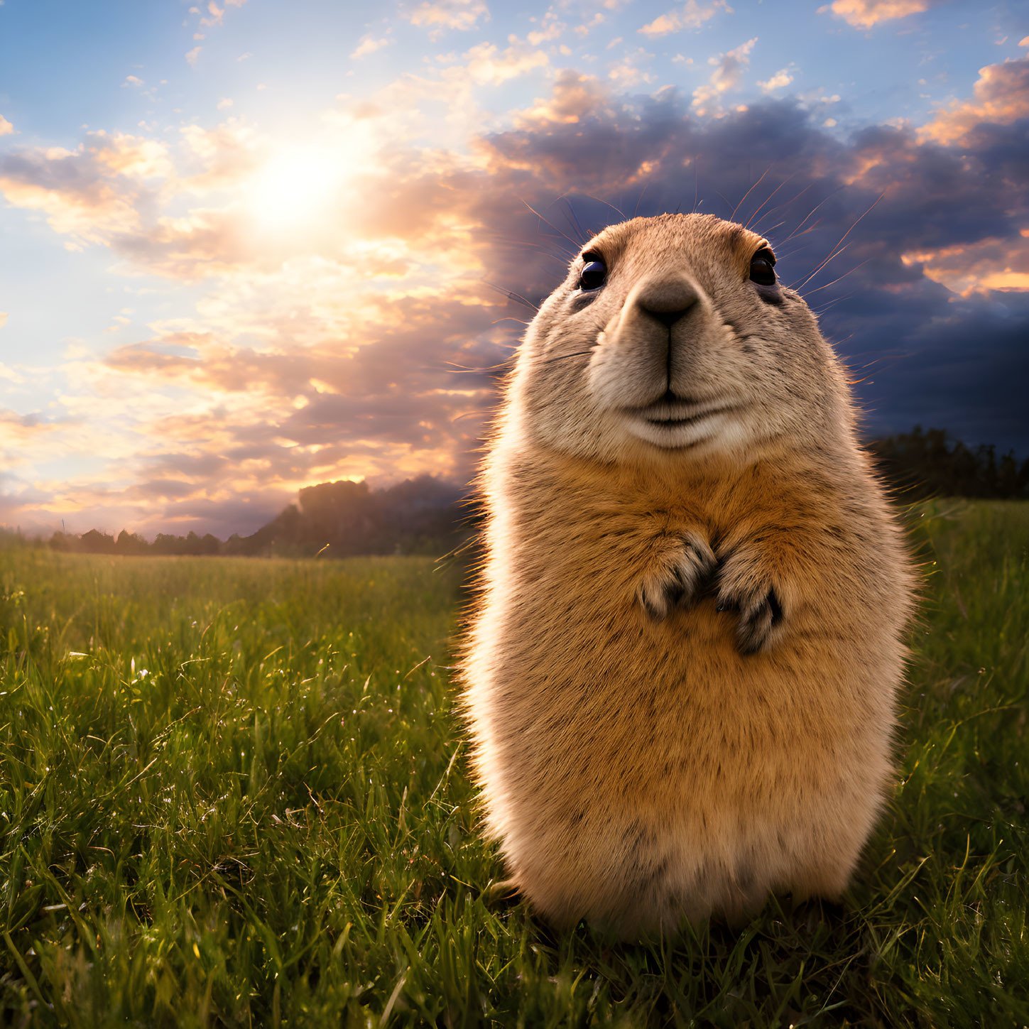 Plump Prairie Dog in Grass Field at Sunset