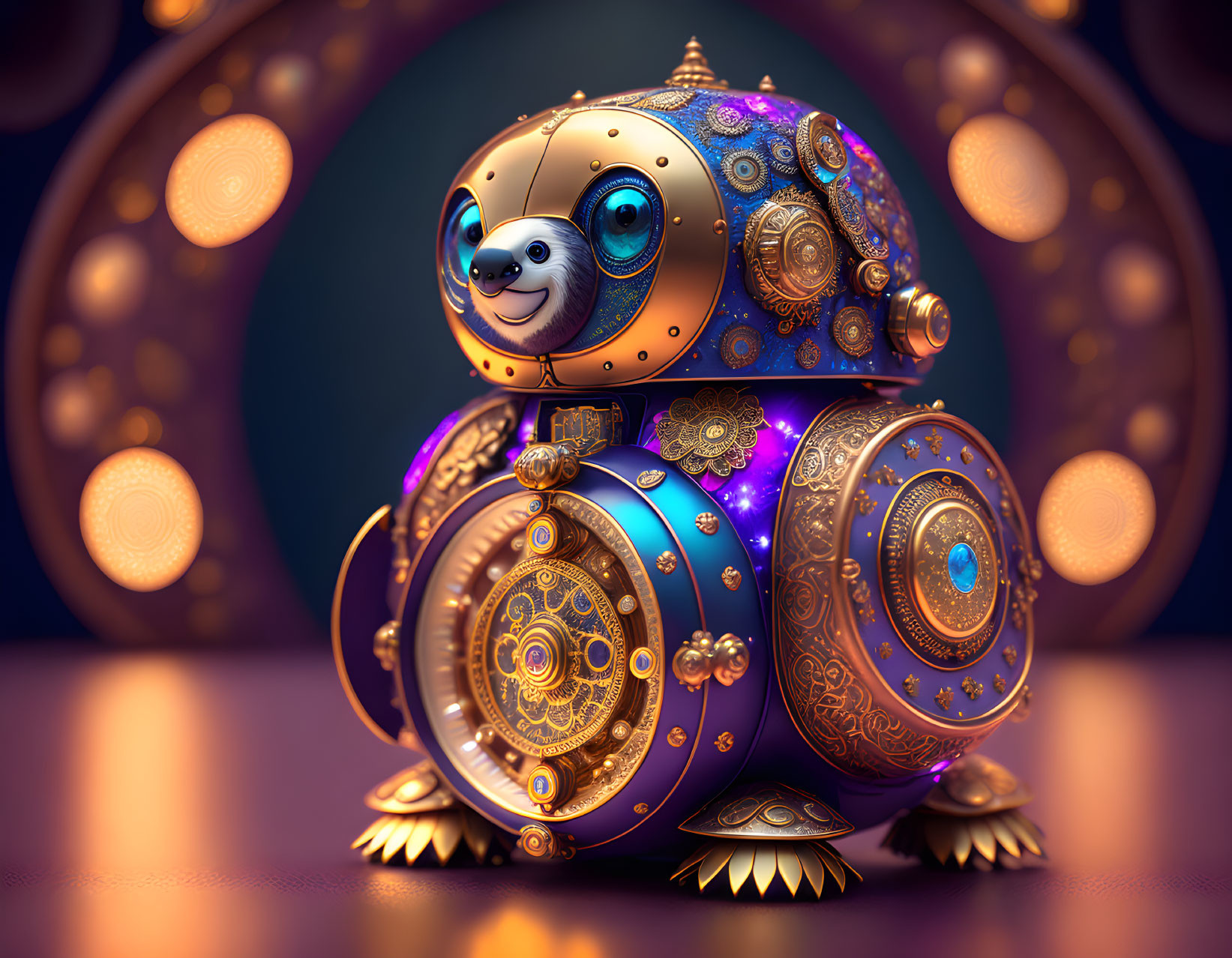 Intricate Steampunk-Style Robot Panda with Gears and Ornamental Patterns