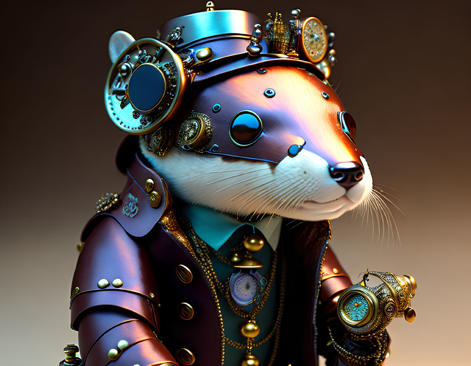 Anthropomorphic otter in steampunk attire with goggles and top hat