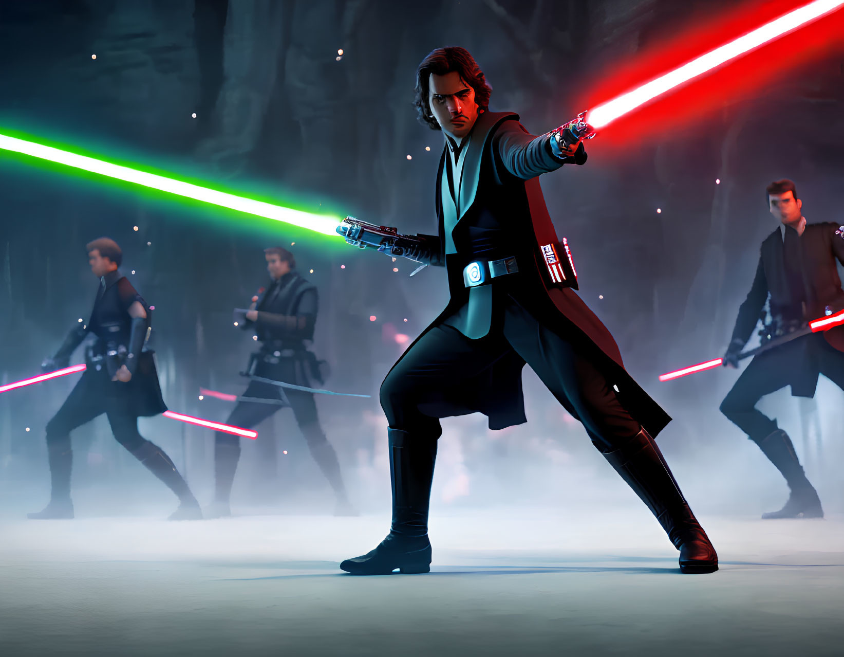 Character with green lightsaber in battle with others with red sabers in foggy environment