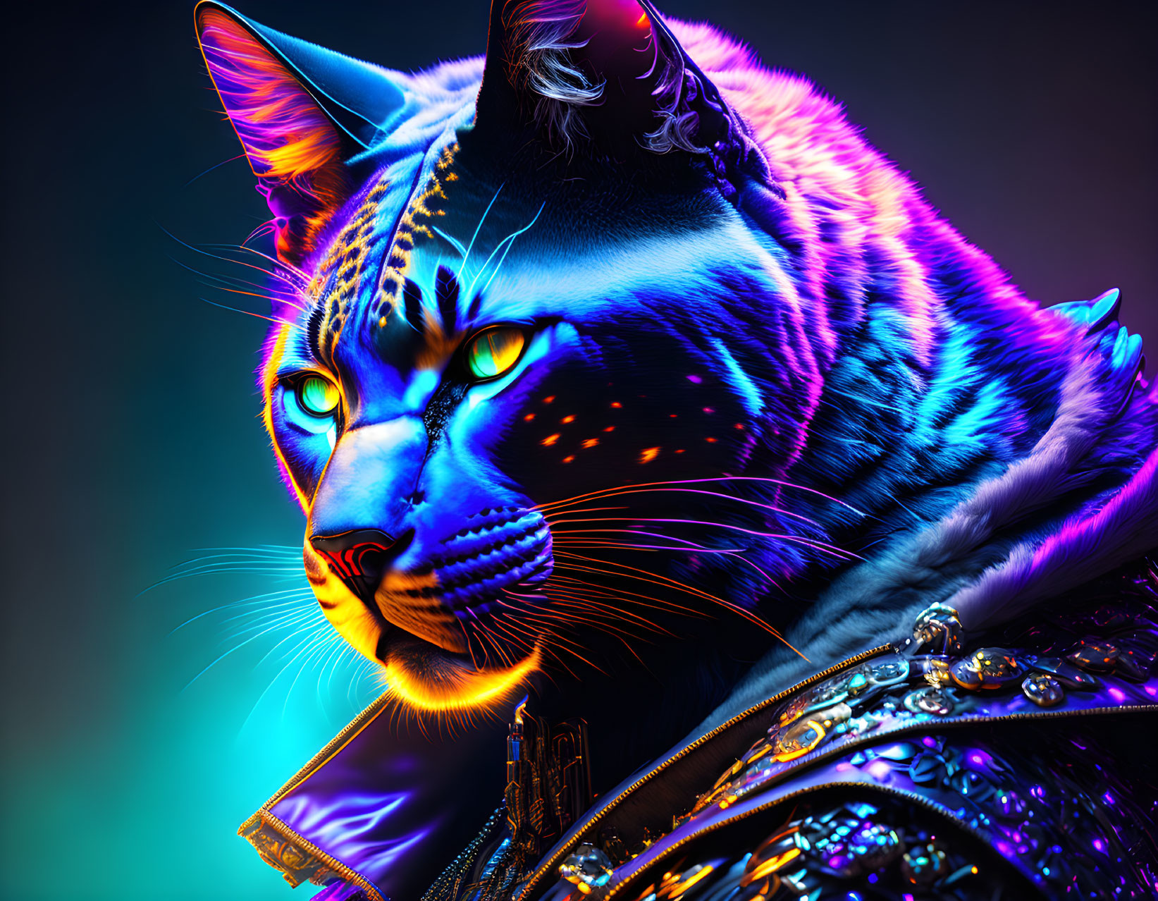 Colorful Digital Artwork: Neon Cat in Intricate Armor