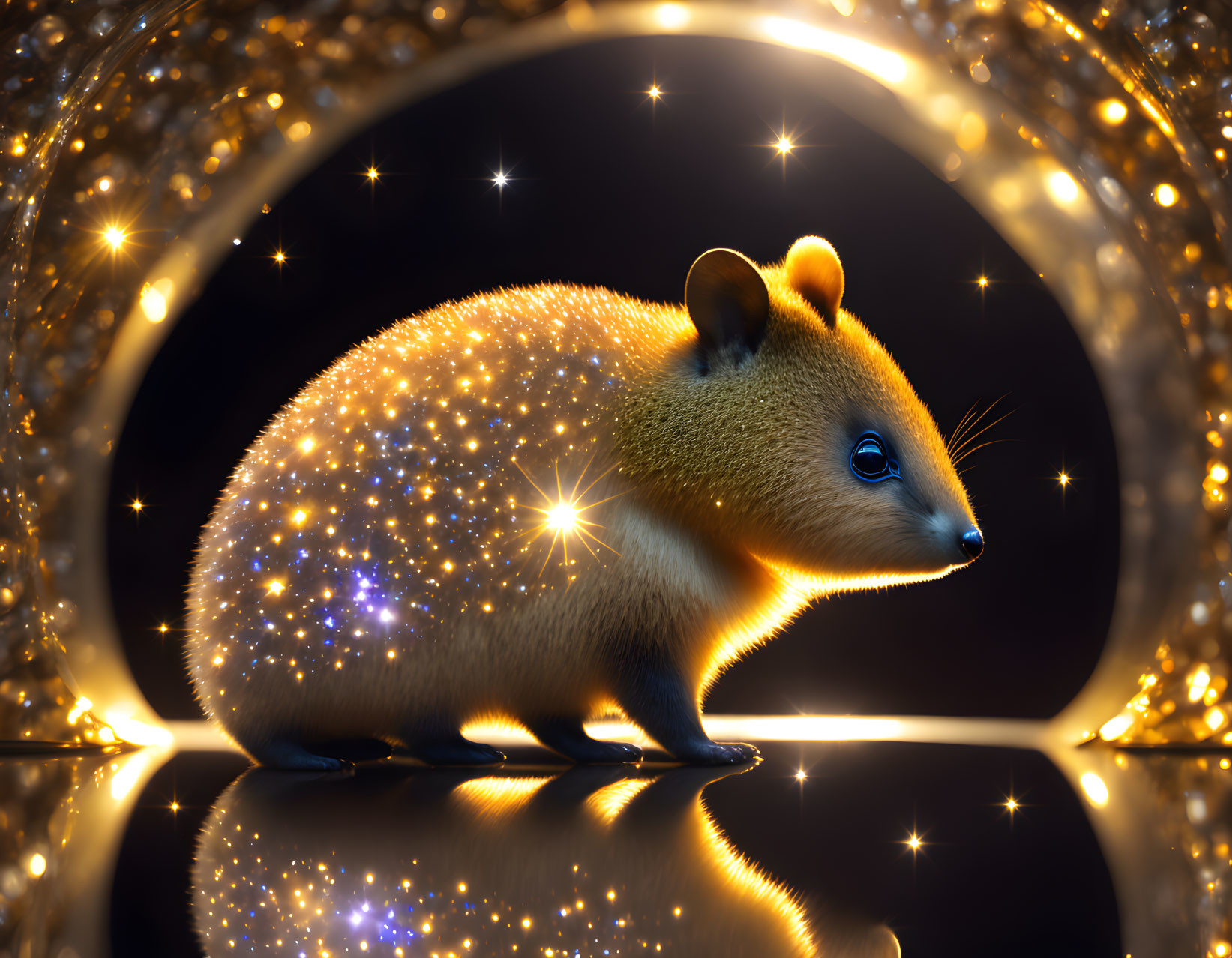 Golden Mouse-Like Creature in Glowing Circular Tunnel