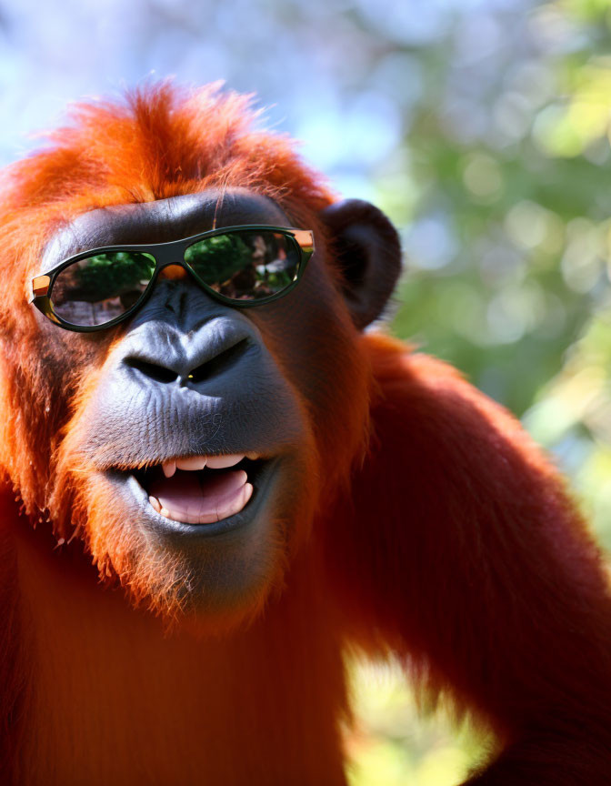 Smiling orangutan with orange coat and sunglasses in green foliage