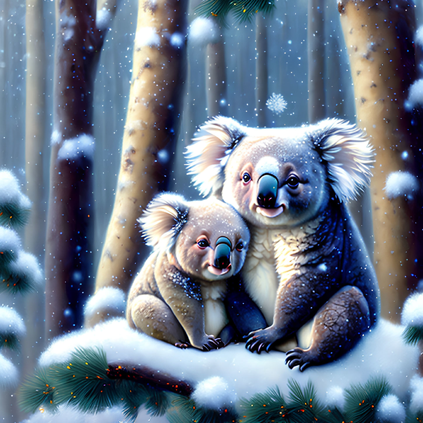 Two koalas cuddling in snowy forest with falling snowflakes.