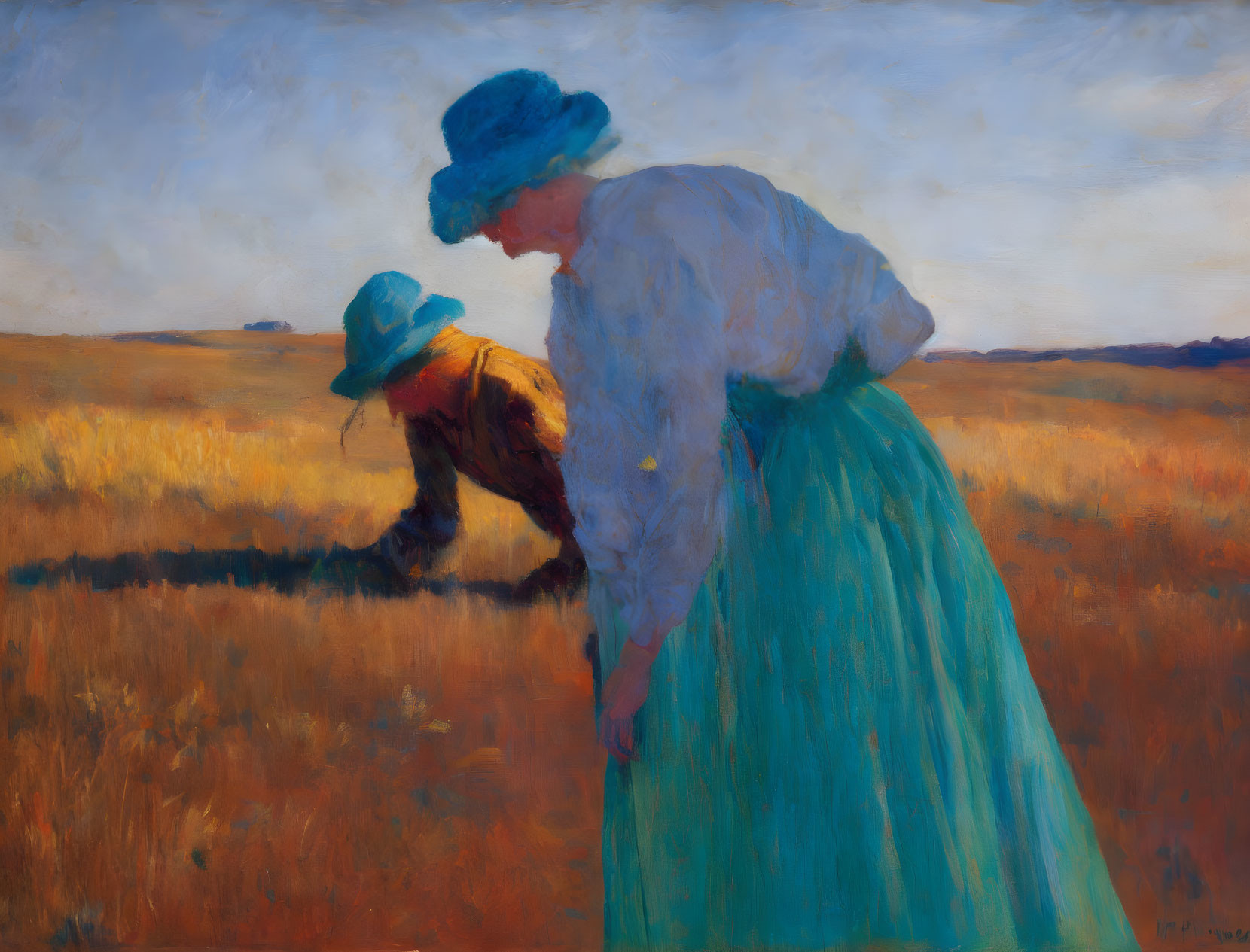 Two individuals in a field wearing blue hats and period clothing, evoking a serene, pastoral mood.