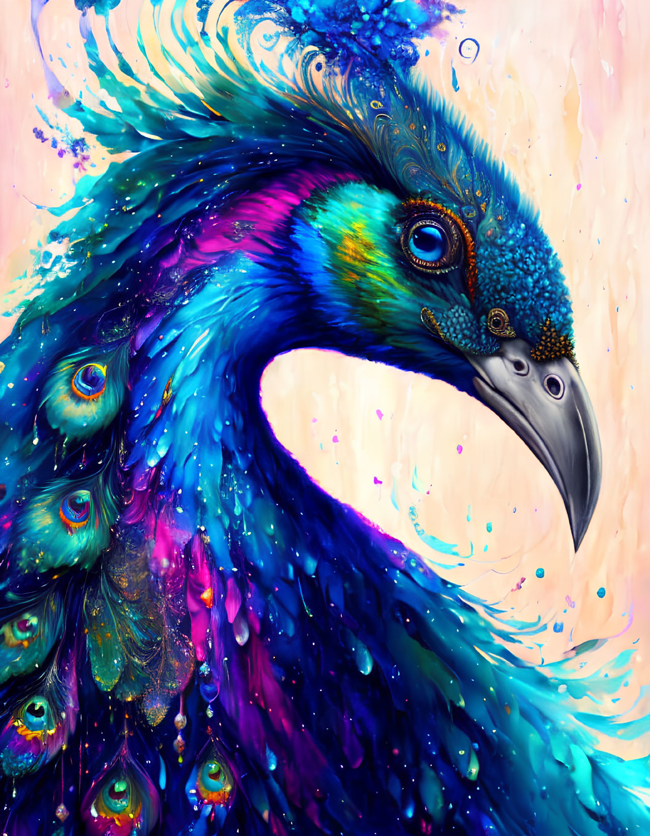 Colorful Peacock Illustration with Blues, Purples, and Pinks