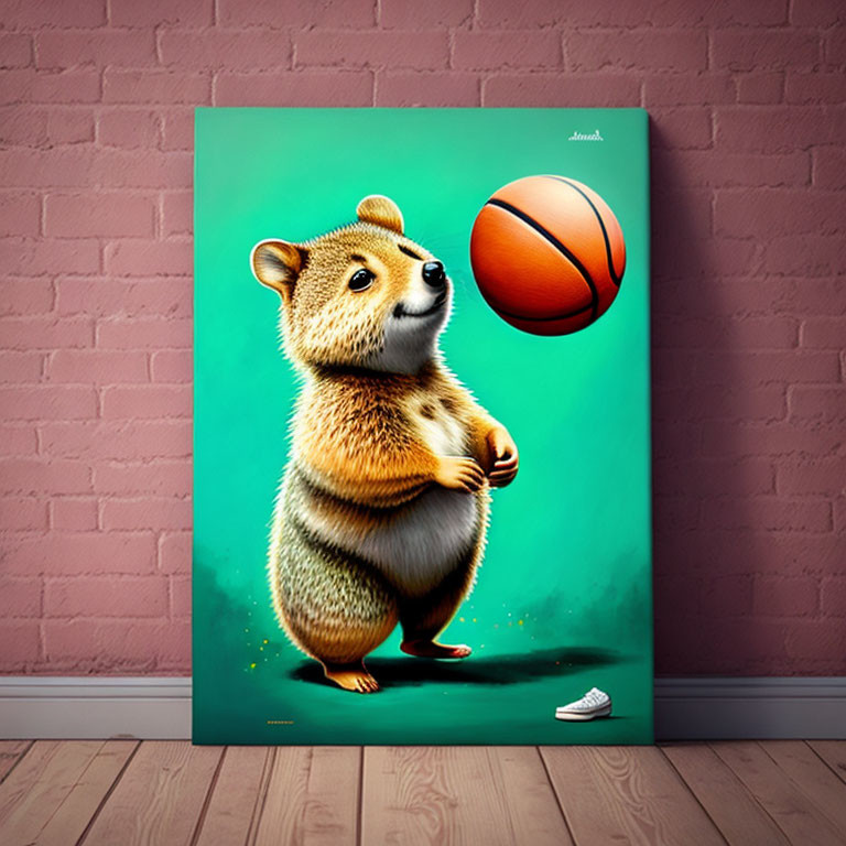 Cartoon quokka with basketball on green backdrop and pink brick wall