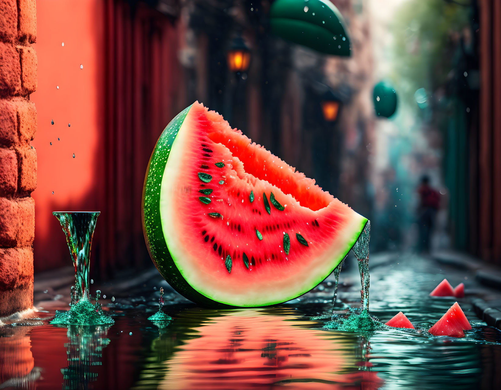 Colorful Watermelon Slice with Droplets in Urban Alley Scene