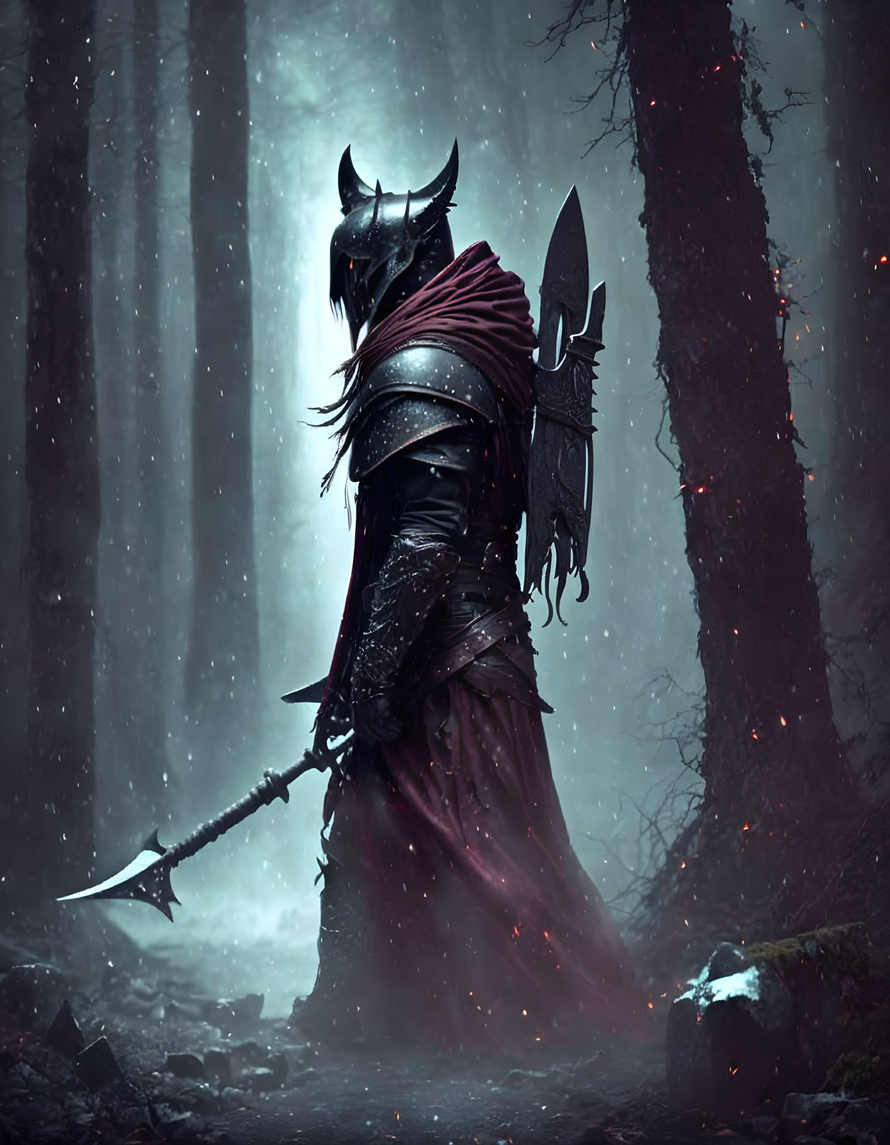 Armored figure in horned helmet wields battle-axe in dark forest