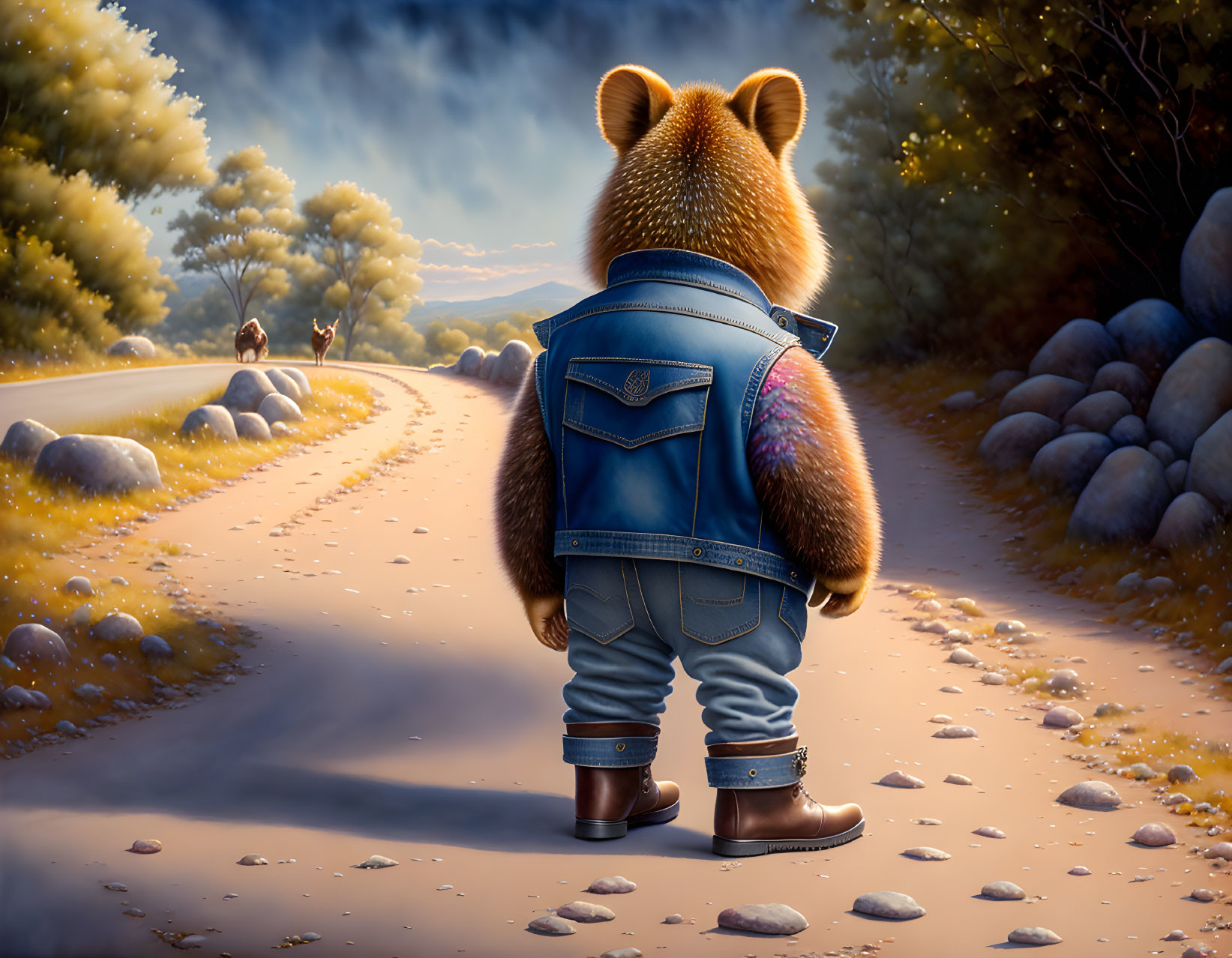 Anthropomorphic bear in denim jacket and boots on road gazes at deer in mystical forest