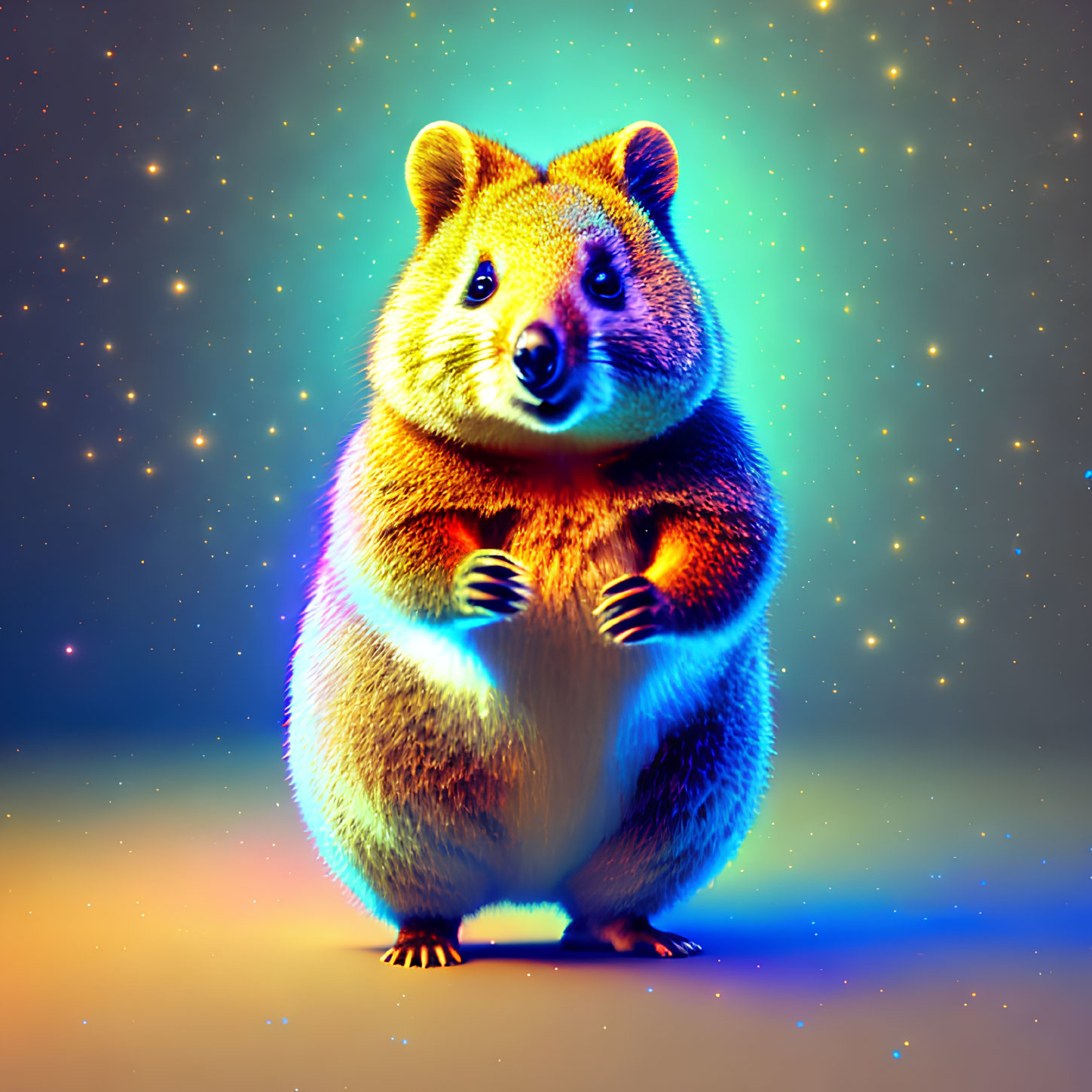 Colorful Quokka Illustration on Starry Background with Neon Glow