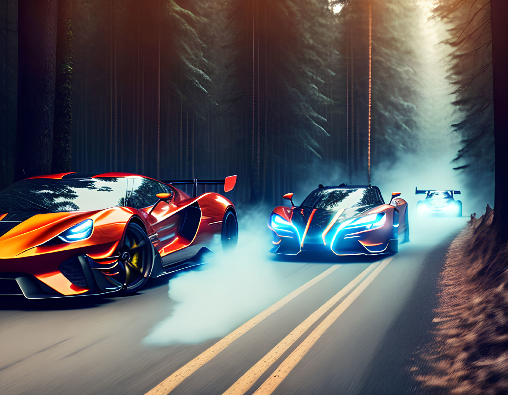 Vibrant sports cars racing on forest road with smoke, high-speed chase in serene environment