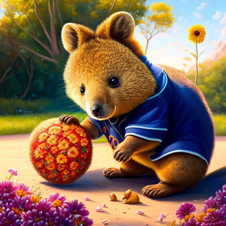 Animated Quokka in Blue Shirt with Orange Flower Ball on Grass