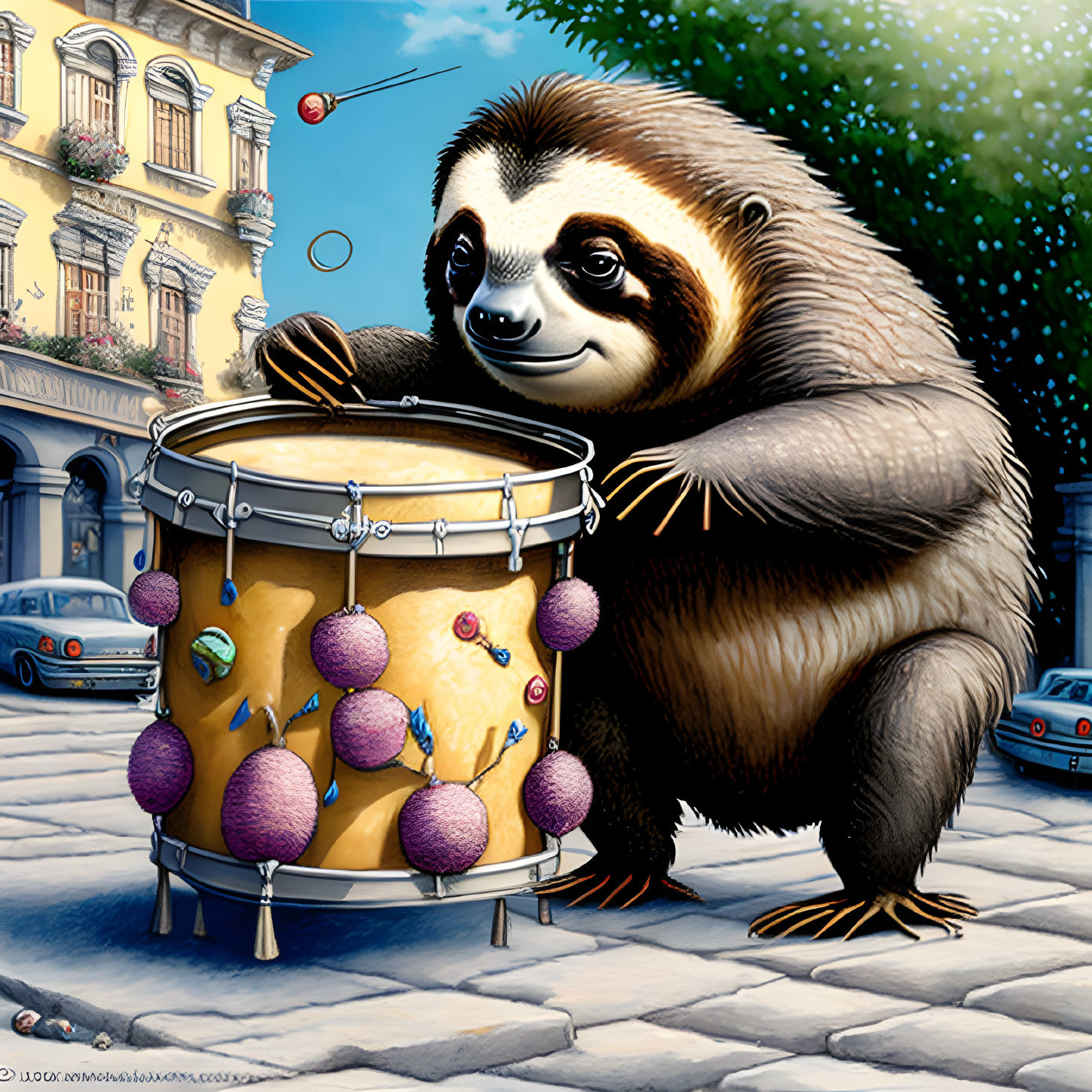 Anthropomorphic sloth playing drum on cobblestone street