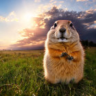 Plump Prairie Dog in Grass Field at Sunset