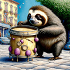 Anthropomorphic sloth playing drum on cobblestone street