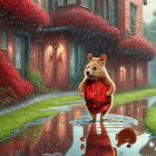 Anthropomorphic hedgehog in red raincoat by puddle with quaint rainy backdrop.