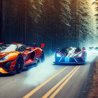 Vibrant sports cars racing on forest road with smoke, high-speed chase in serene environment