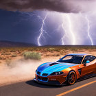 Bright orange sports car driving on desert road under lightning storm