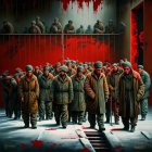 Solemn figures in uniforms march in a red-hued snowy scene