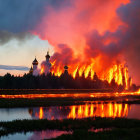 Massive fire near church with onion domes in sunset reflection.