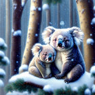 Two koalas cuddling in snowy forest with falling snowflakes.