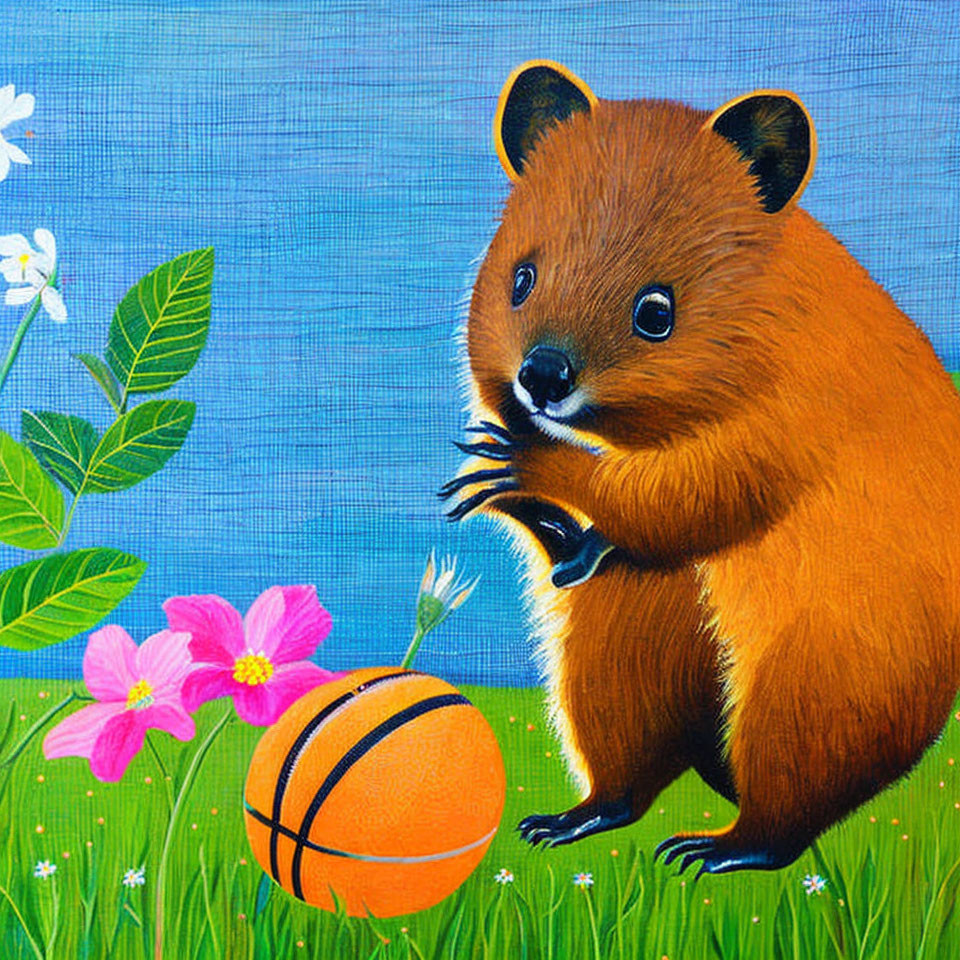 Brown quokka with basketball among pink flowers on blue background