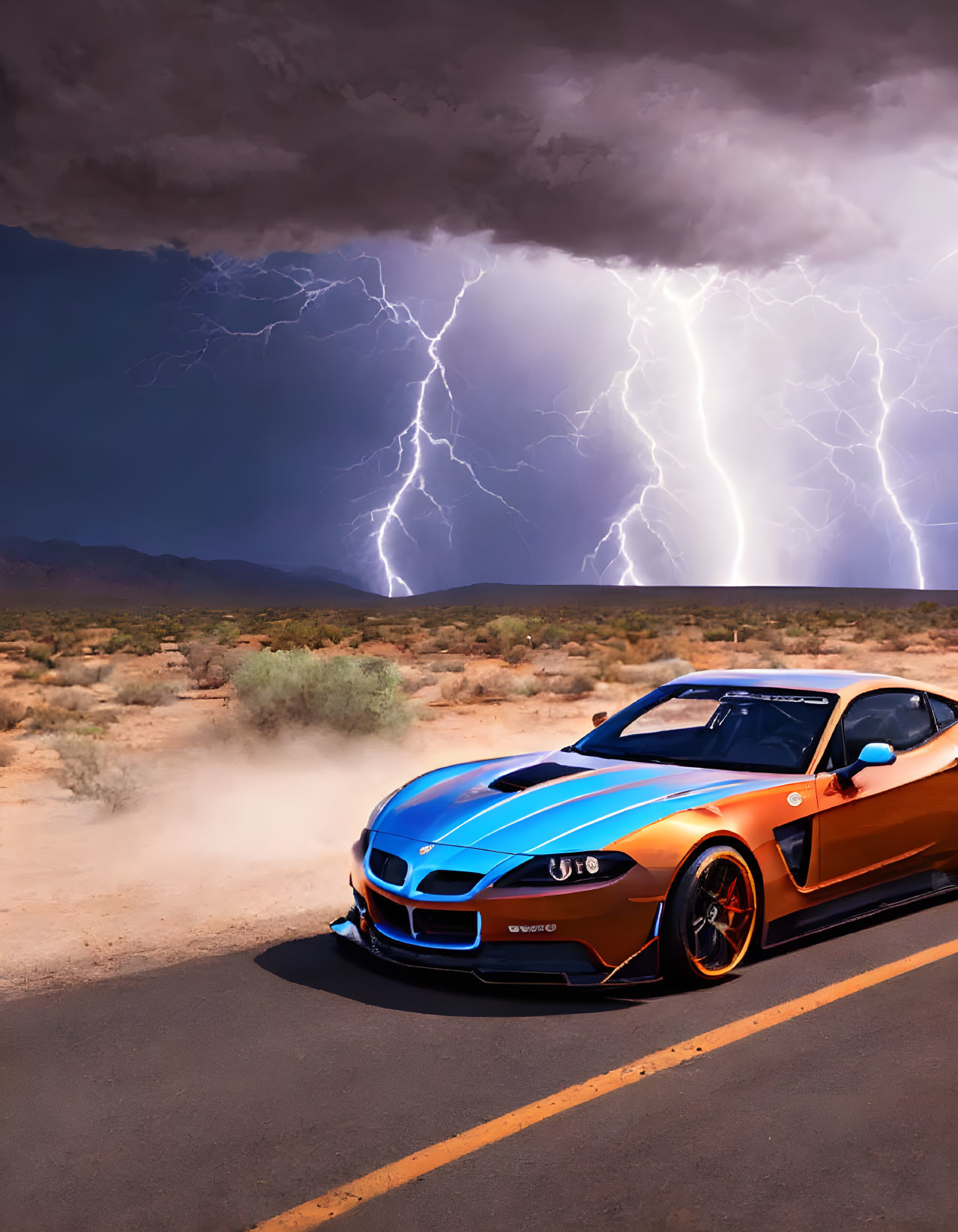 Bright orange sports car driving on desert road under lightning storm