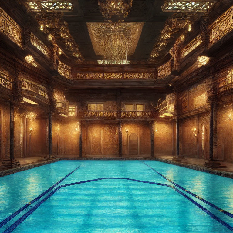 Luxurious Indoor Pool with Ornate Wooden Panels and Grand Chandelier