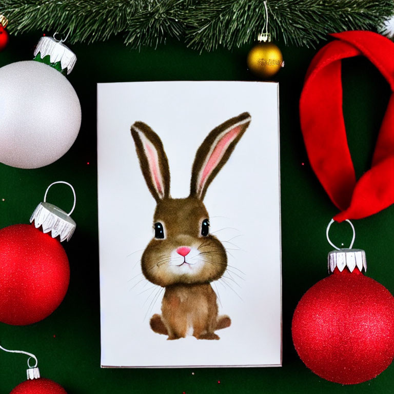 Hand-drawn rabbit surrounded by Christmas ornaments on greeting card