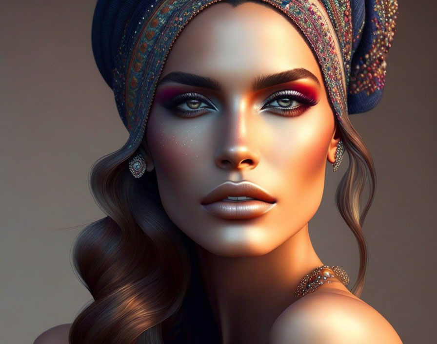 Colorful digital art portrait of a woman with striking makeup and sparkling adornments