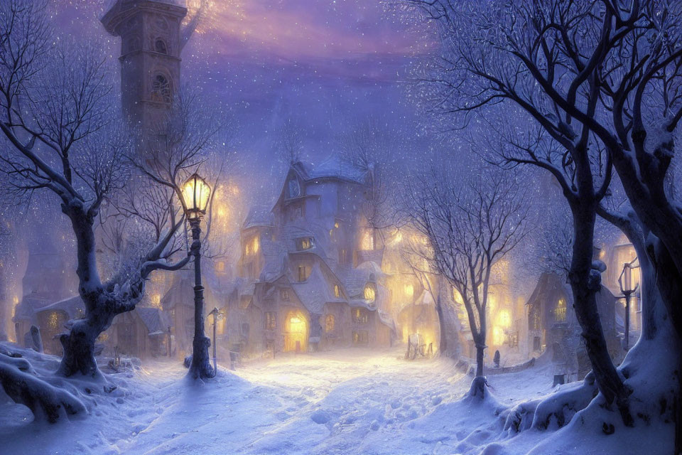 Snow-covered cottages and street lamps in magical winter twilight