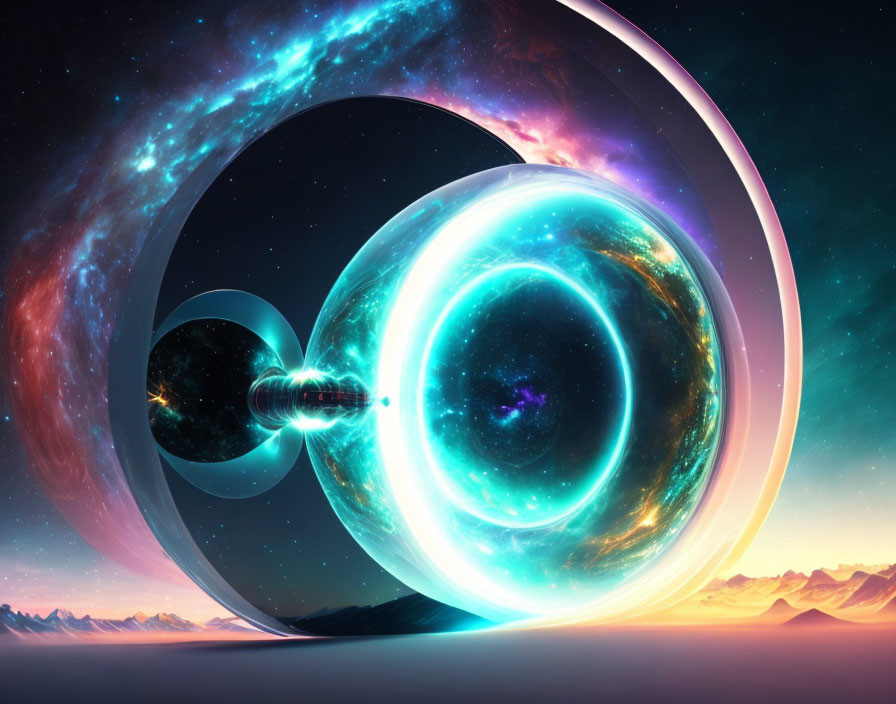 Futuristic artwork: Portal with energy rings in cosmic landscape