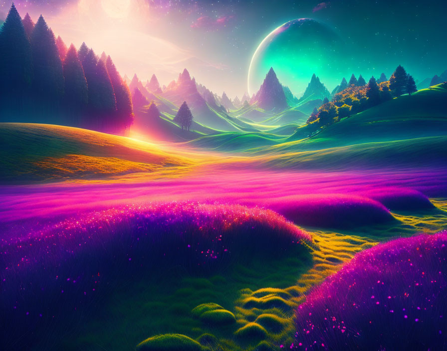 Fantasy landscape with purple grass, green hills, pine trees, and moonlit sky