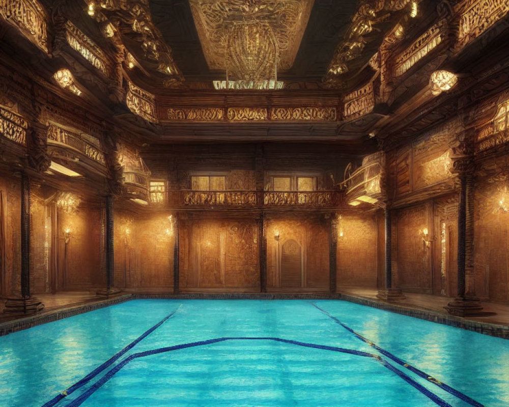 Luxurious Indoor Pool with Ornate Wooden Panels and Grand Chandelier