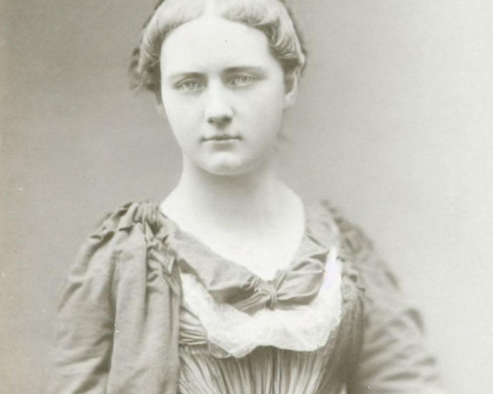 Young woman in vintage attire with center-parted hair and lace collar.