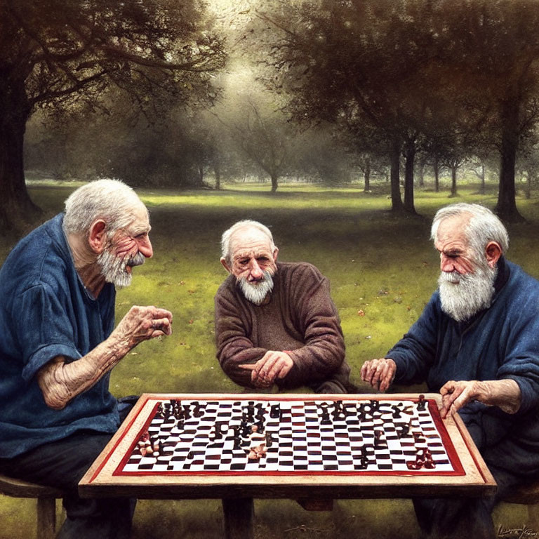 Elderly Men Playing Chess in Park Setting