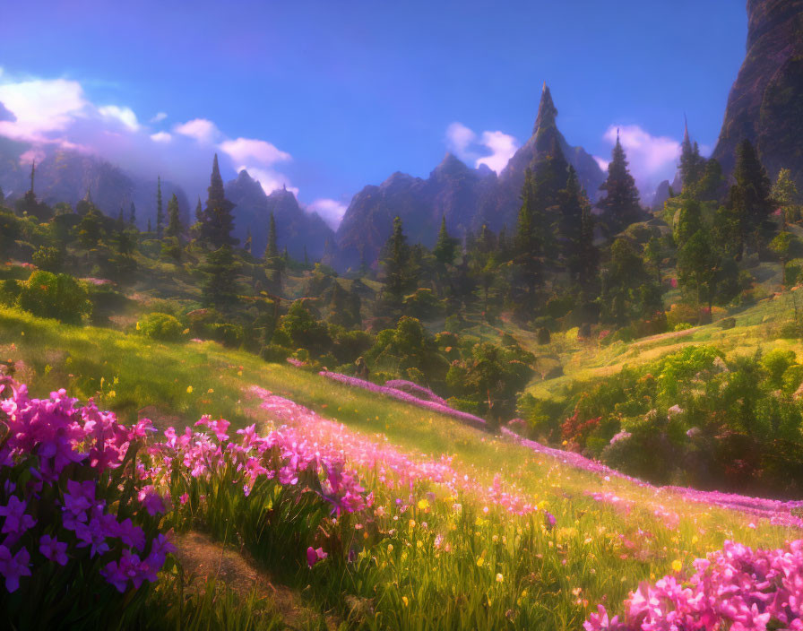 Scenic valley with pink flowers, meadows, and mountains