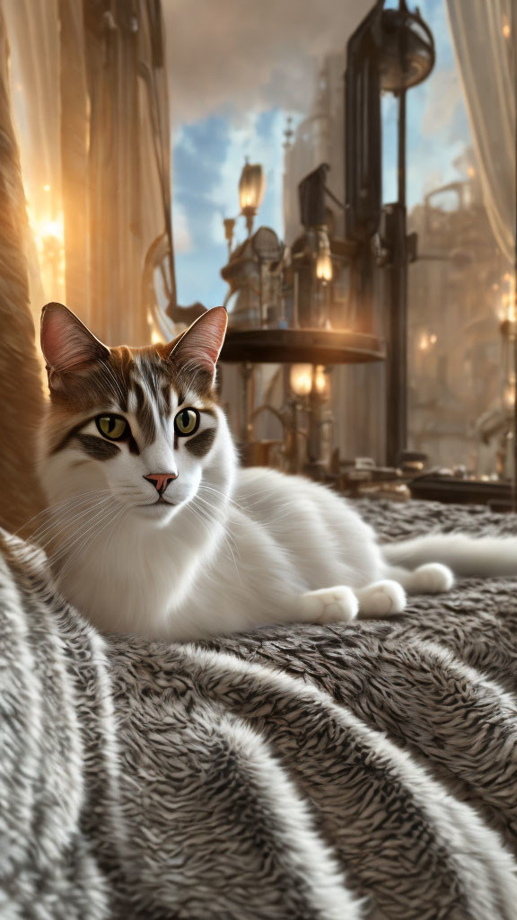 White Cat with Brown Markings Resting on Grey Blanket Indoors