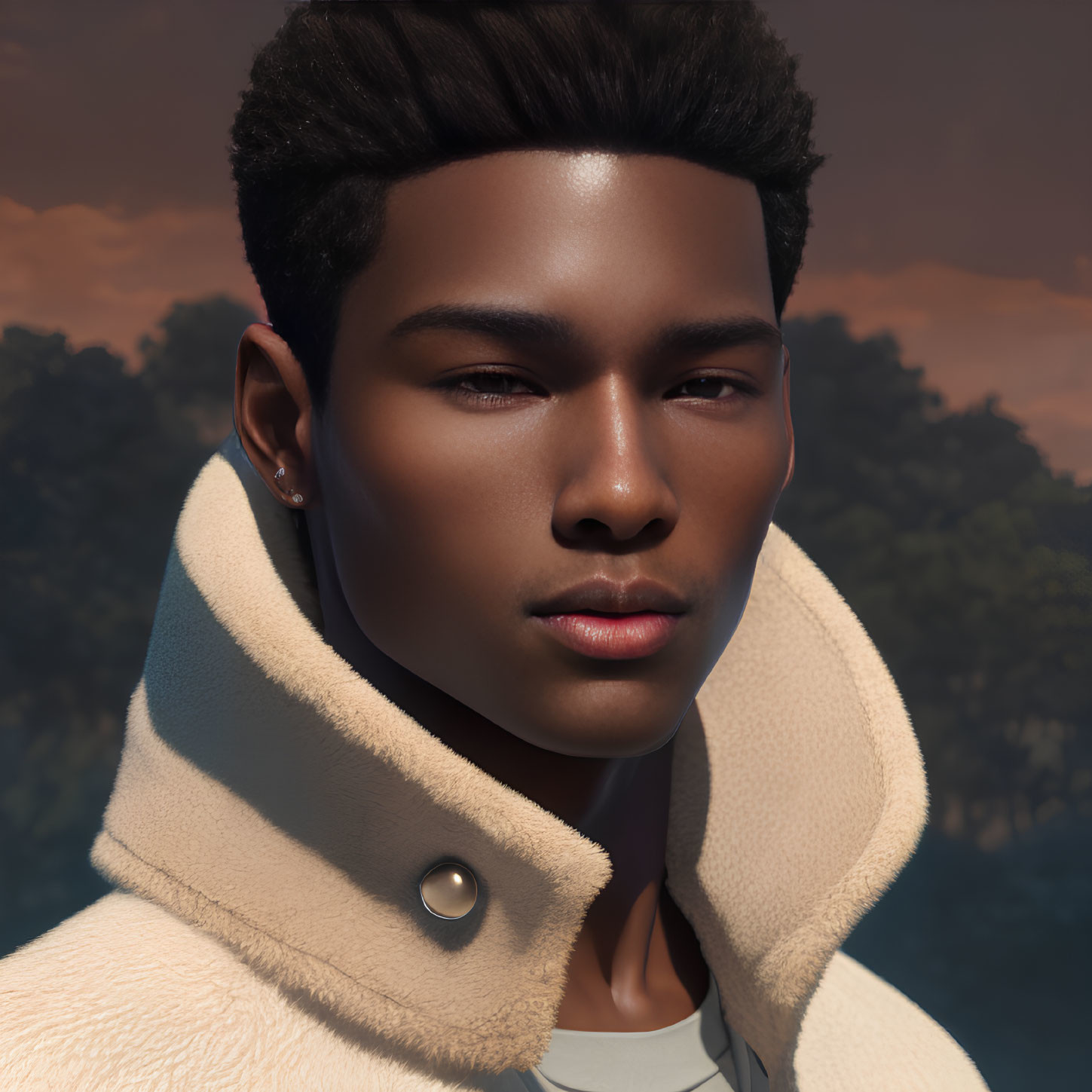 Man with High-Top Fade in Beige Jacket Serene Portrait at Dusk