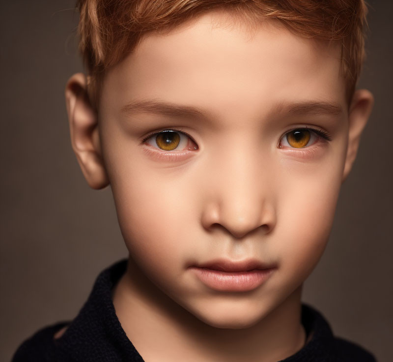 Portrait of young child with amber eyes and light brown hair against neutral background