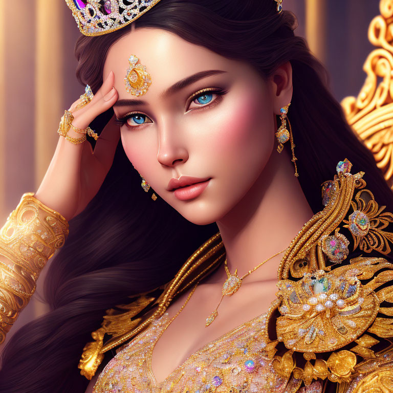 Regal woman digital illustration with gold jewelry and crown