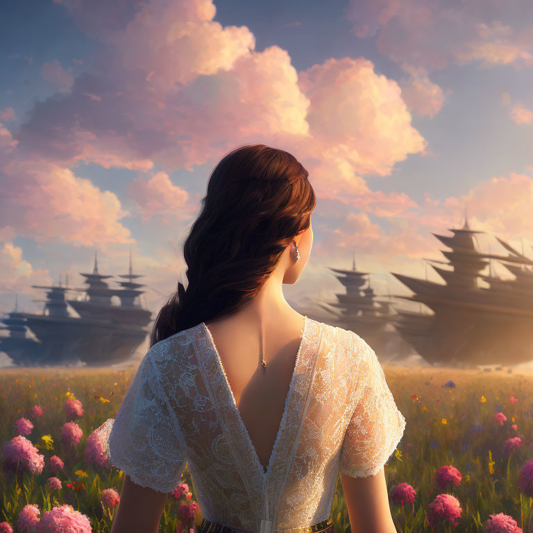 Braided hairstyle woman gazes at sailing ships in pink flower field