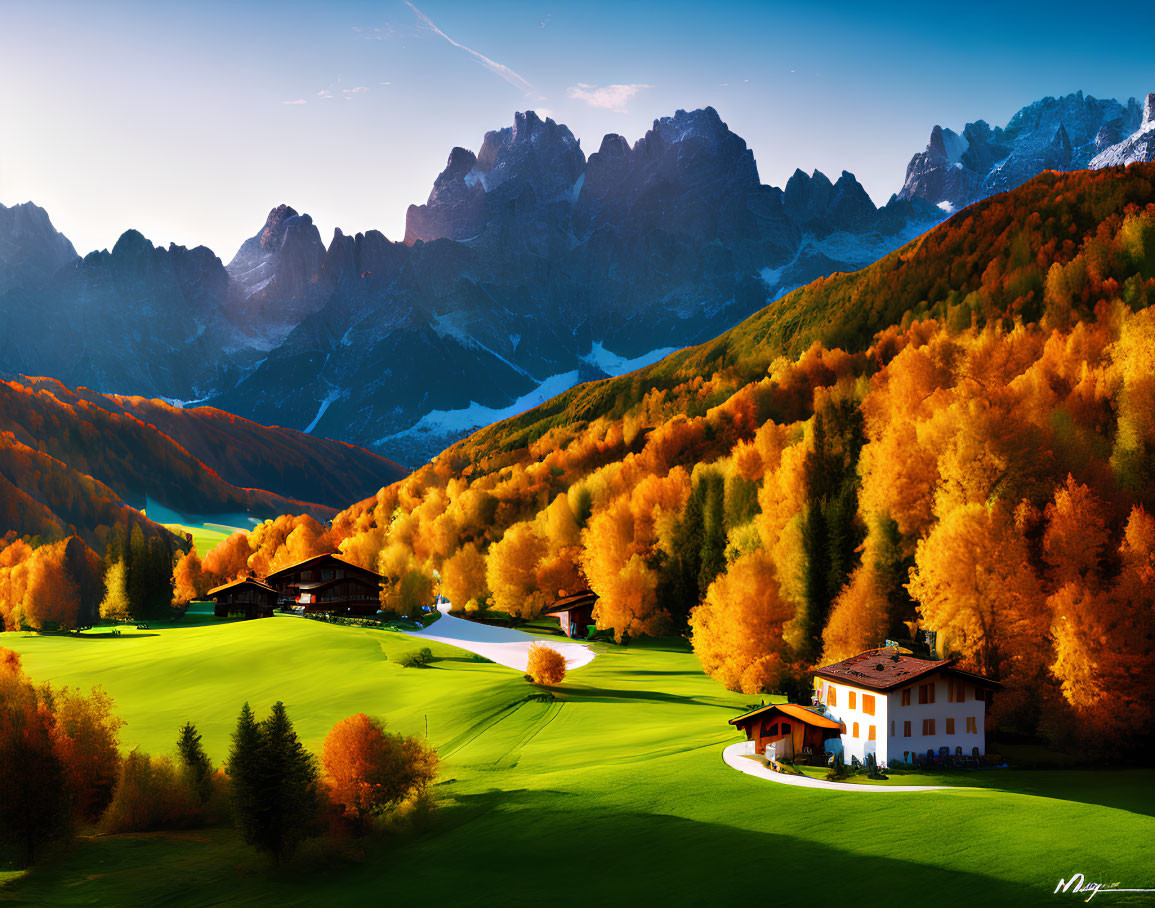 Autumn Landscape with Colorful Trees, Valley, Mountains, and Houses